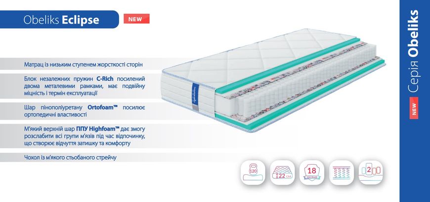 Ортопедичний пружинний матрац м'який з анатомічною піною HighFoam Obeliks Eclipse 80x190 hf-m0176 фото